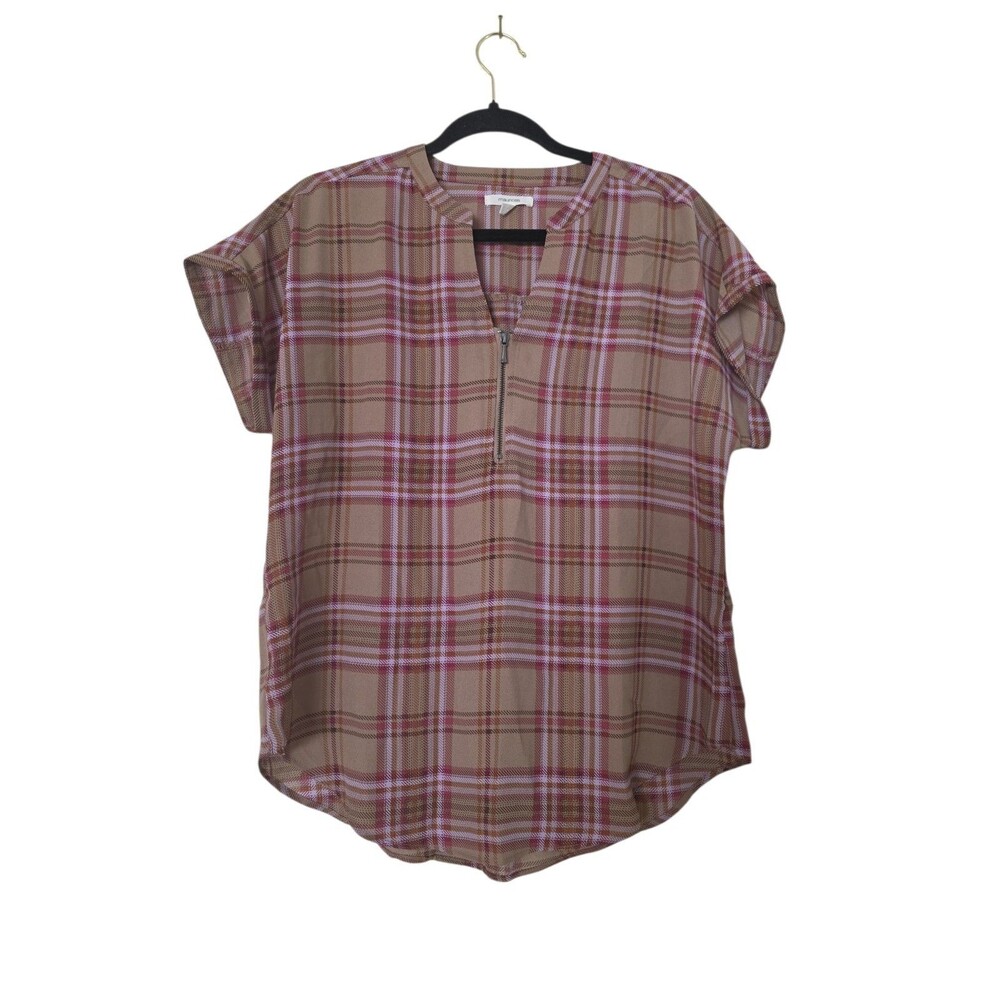 Maurices Tan, Beige & Pink Plaid Short Sleeve Top with Zipper Front Sz Small